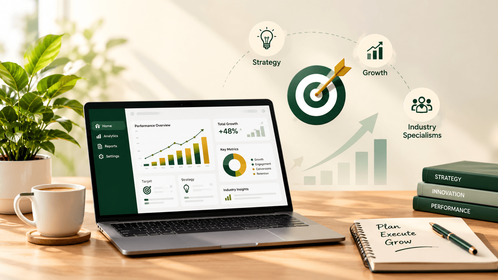 Desk with a laptop showing a performance dashboard, a target and Strategy, Growth and Industry Specialisms icons, and a notebook reading Plan, Execute, Grow