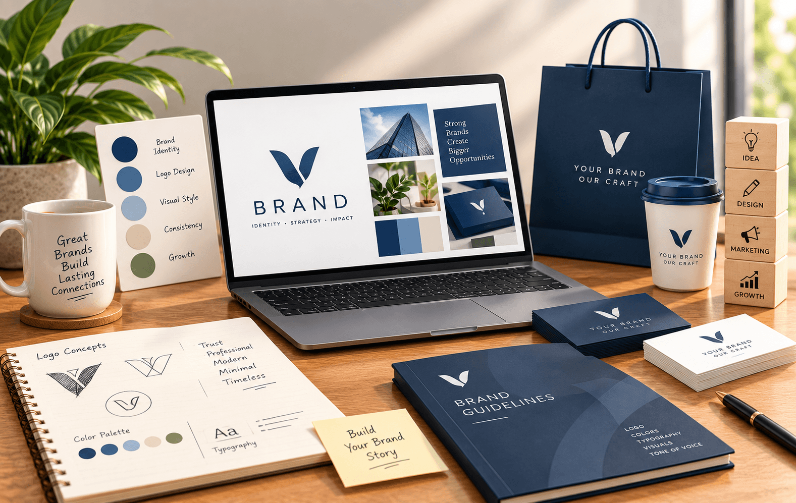 Brand identity mockups: laptop with a logo, business cards, brand guidelines book, colour palette and logo sketches