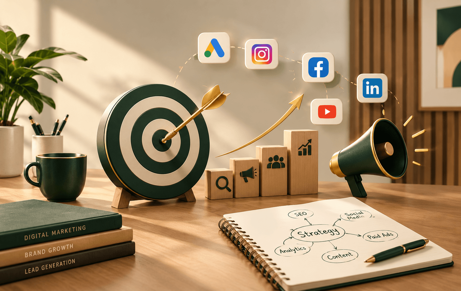 Marketing strategy desk: a target with an arrow, Google Ads, Instagram, Facebook, YouTube and LinkedIn icons, and a strategy notebook