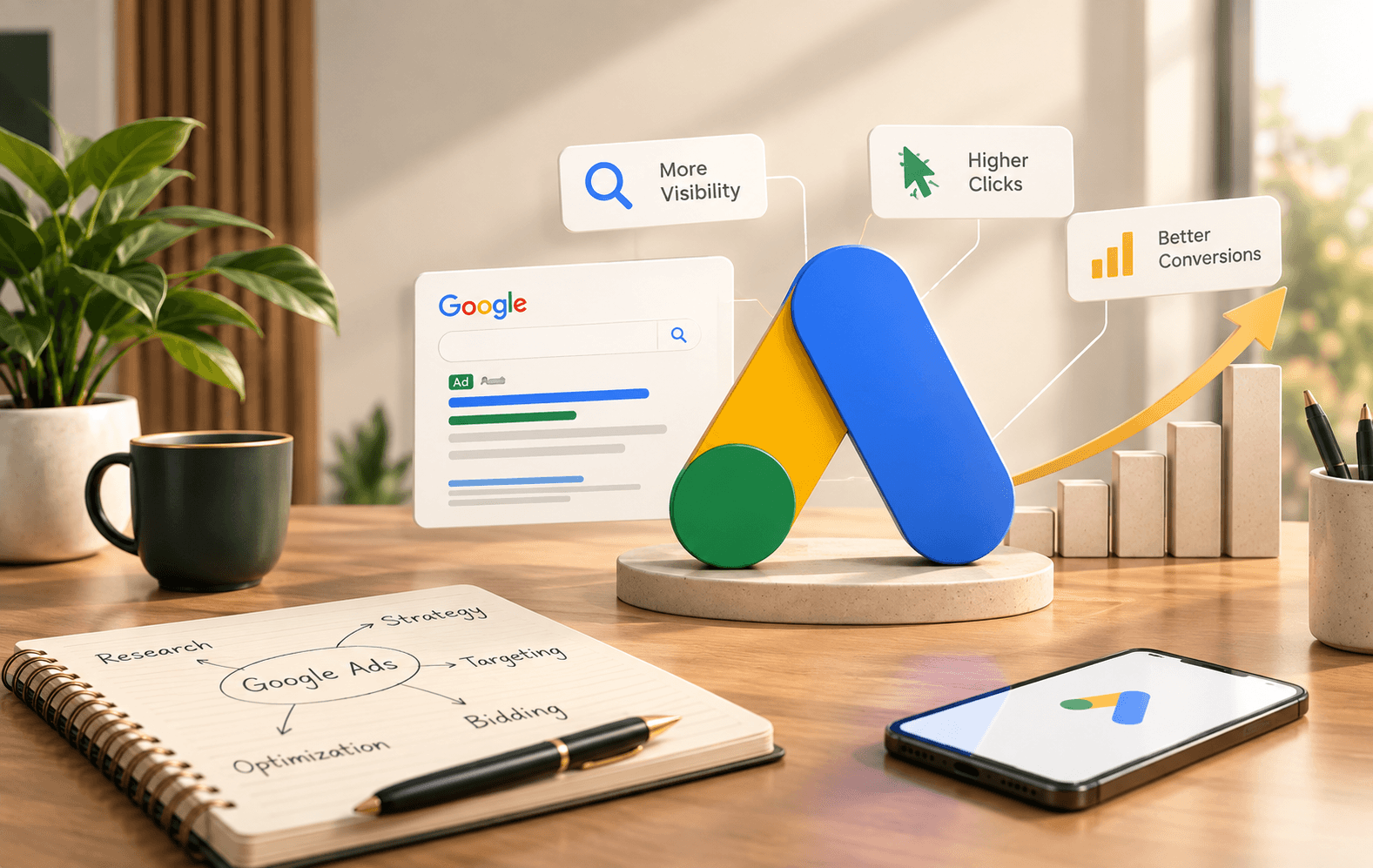 Google Ads logo beside a Google search results card with an ad, and More Visibility, Higher Clicks and Better Conversions labels