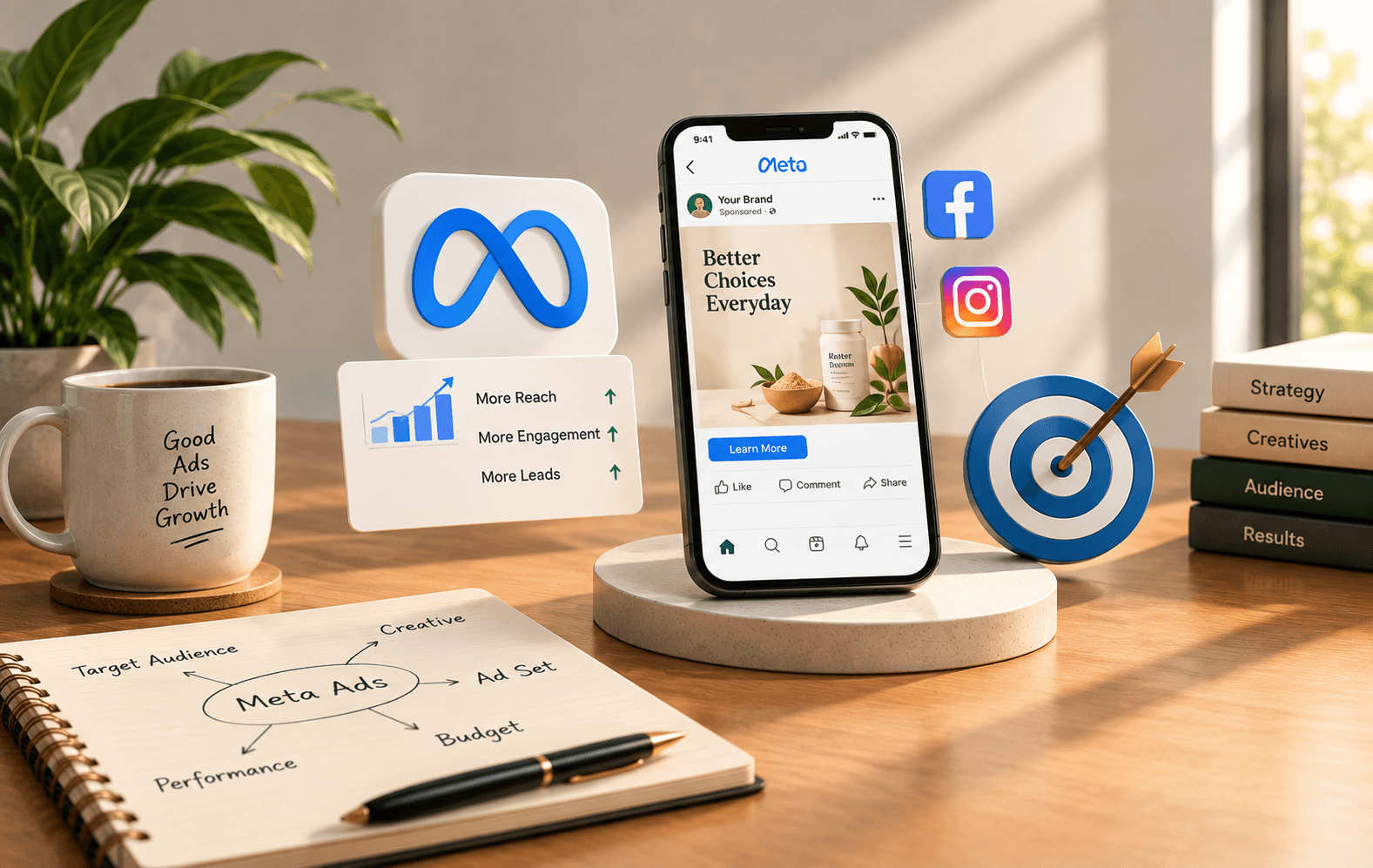 Phone showing a sponsored Meta ad, with the Meta logo, Facebook and Instagram icons and a reach, engagement and leads card