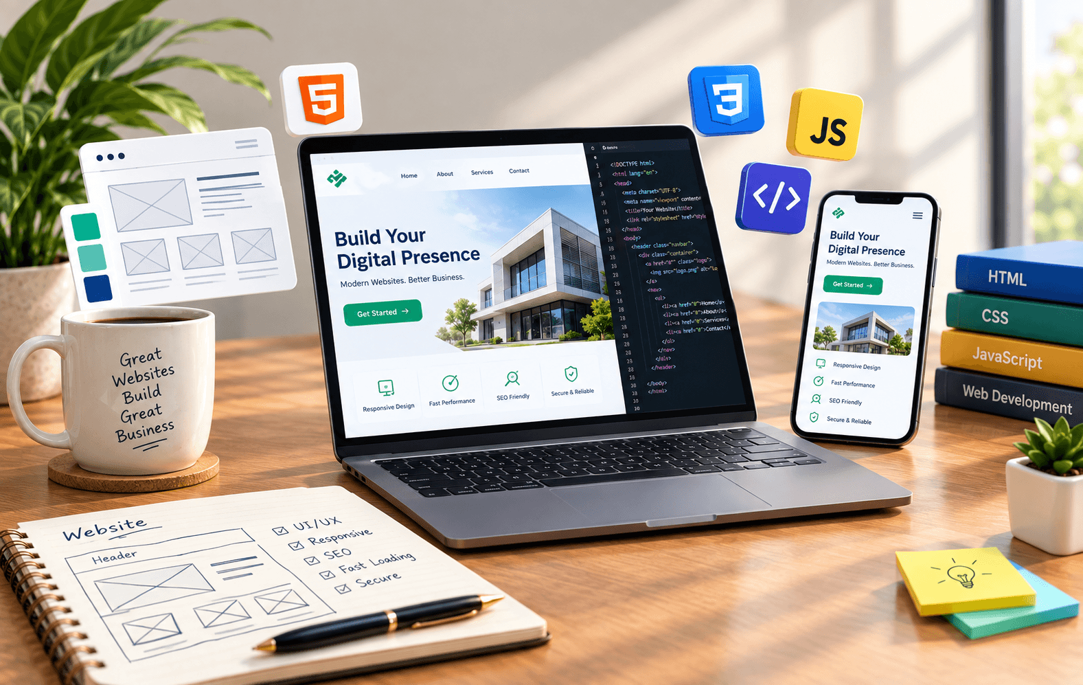 Laptop and phone showing a responsive business website, with HTML, CSS and JavaScript icons