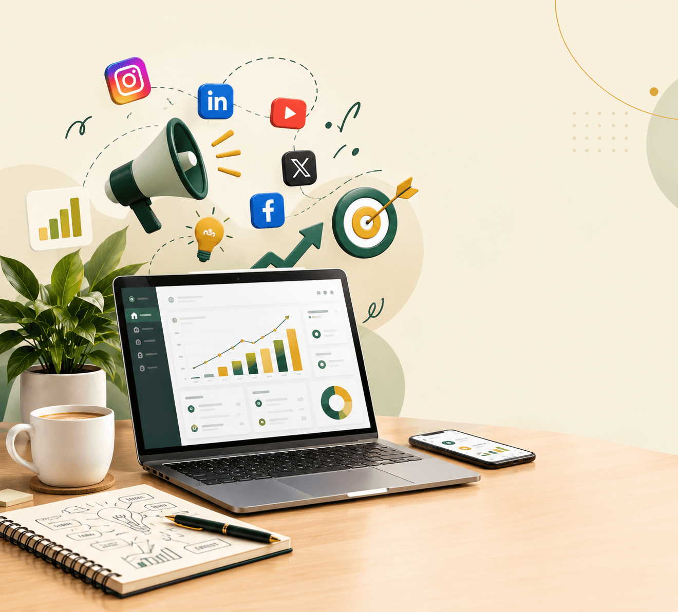 Desk with a laptop showing growth charts, a phone and a notebook, surrounded by a megaphone, a target and Instagram, LinkedIn, YouTube, X and Facebook icons
